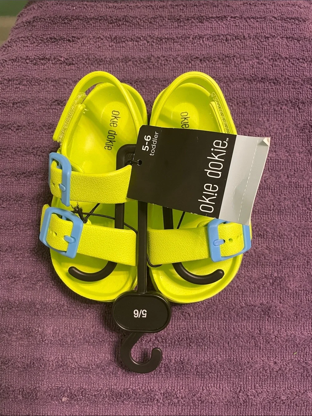 okie dokie Kids' Neon Green Sandals with Light Blue Buckles